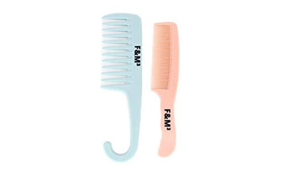 F&M³ - Shower Comb and Wide Tooth Comb For Hari Detangling ,Set of 2 (Blue Hook and Pink)