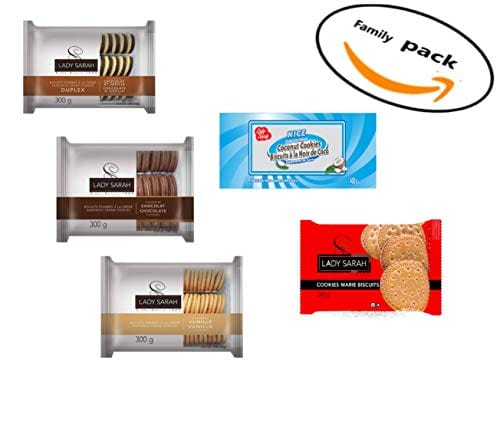 Lady Sarah Family Pack of Delicious Cookies Biscuits Sandwich Duplex in 3 Flavors Duplex , Vanilla and Chocolate Marie Biscuits and Coconut Nice Cookies. Great for a Fast Snack!