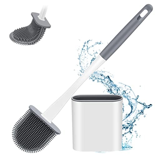 Toilet Brush, Zeskuu Silicone Toilet Brush and Holder Set with Flexible Bristles No-Slip Silicone Handle & Anti-drip Holder, Silicone Toilet Brush with Quick Drying Holder Set