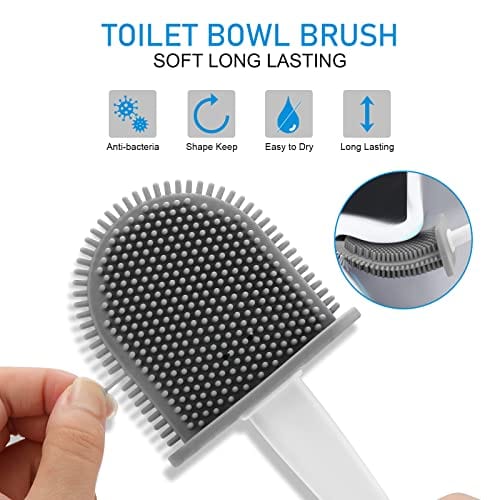 Toilet Brush, Zeskuu Silicone Toilet Brush and Holder Set with Flexible Bristles No-Slip Silicone Handle & Anti-drip Holder, Silicone Toilet Brush with Quick Drying Holder Set